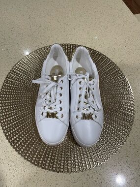 Michael Kors White Leather Sneakers with Gold MK Charm